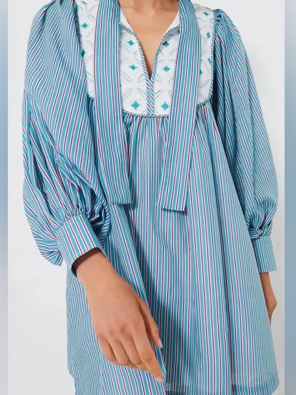 Pomander Place Blue Striped Tie-Neck Cotton Dress (size small)